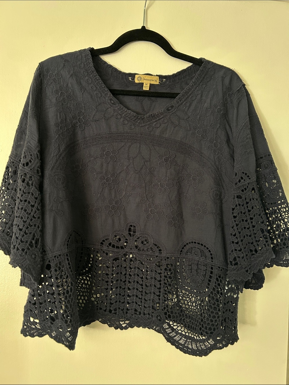 Democracy Navy Crochet Lace Boho V-Neck Top